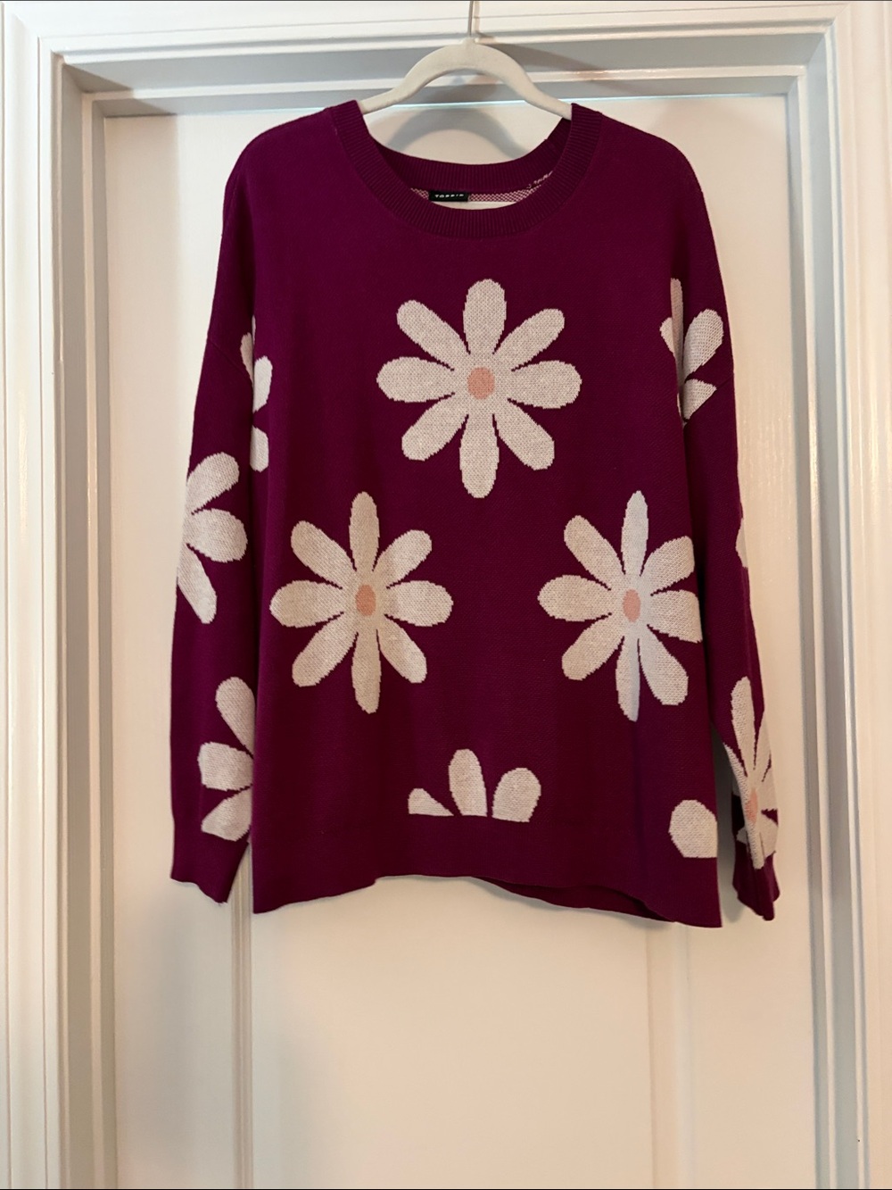 Cozy Floral Crewneck Sweater in Berry with Cream Daisy Motif